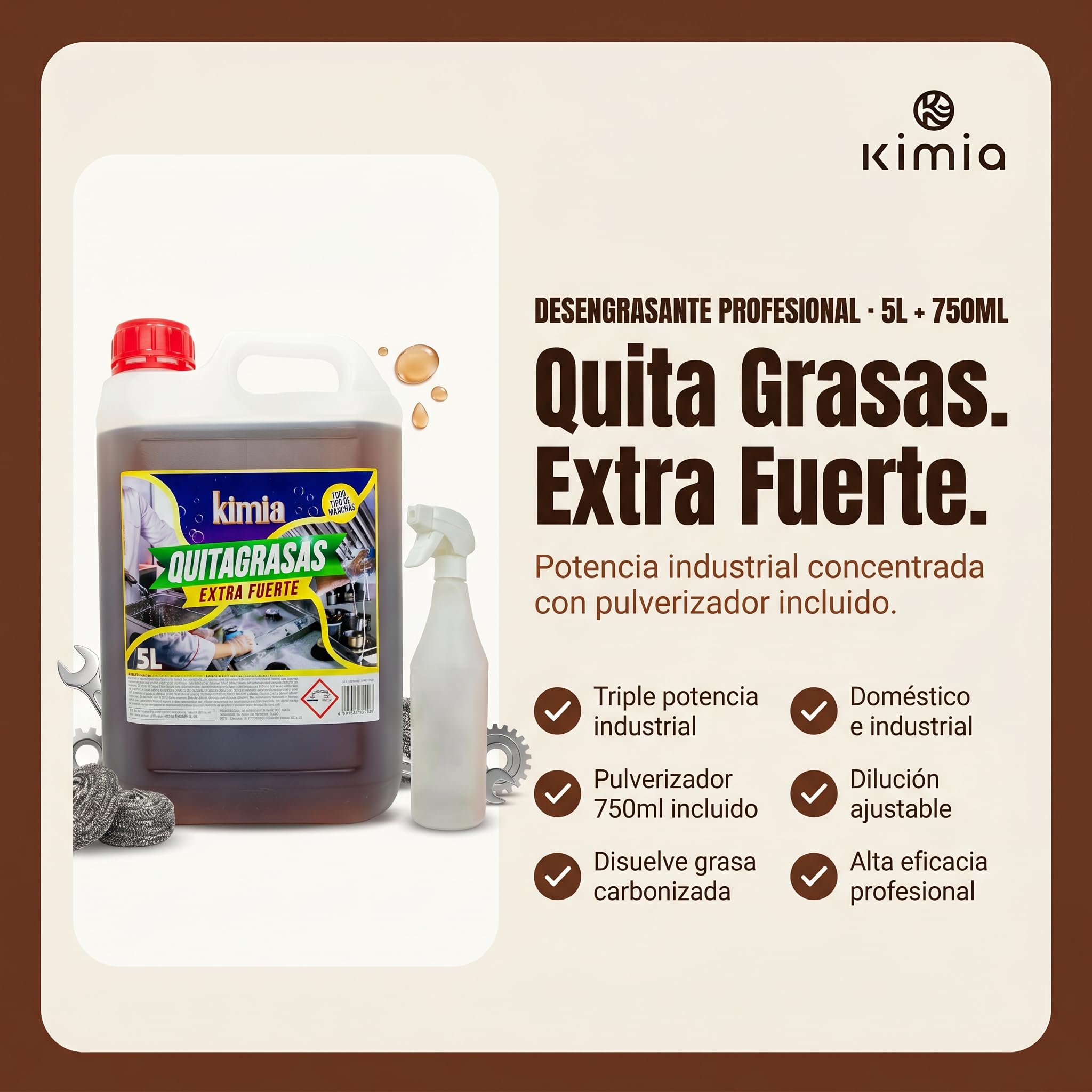 KIMIA Quita Grasas Extra Fuerte 5L + Pulverizador 750ml Desengrasante Concentrado Profesional