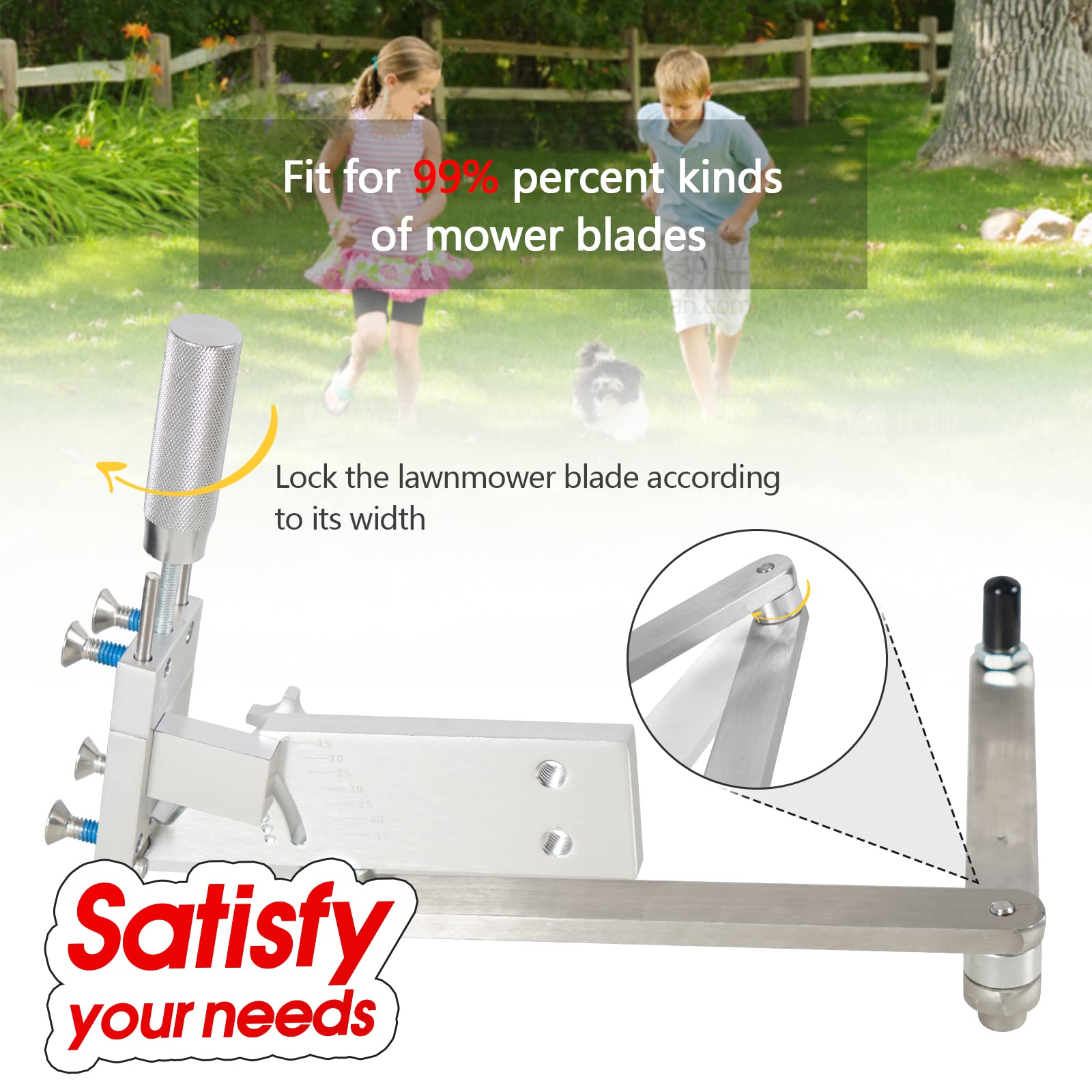 Kit de afilador de cuchillas de cortacésped ajustable de 15 ° - 45 ° para cuchillas de cortacésped de mano derecha e izquierda - Plata