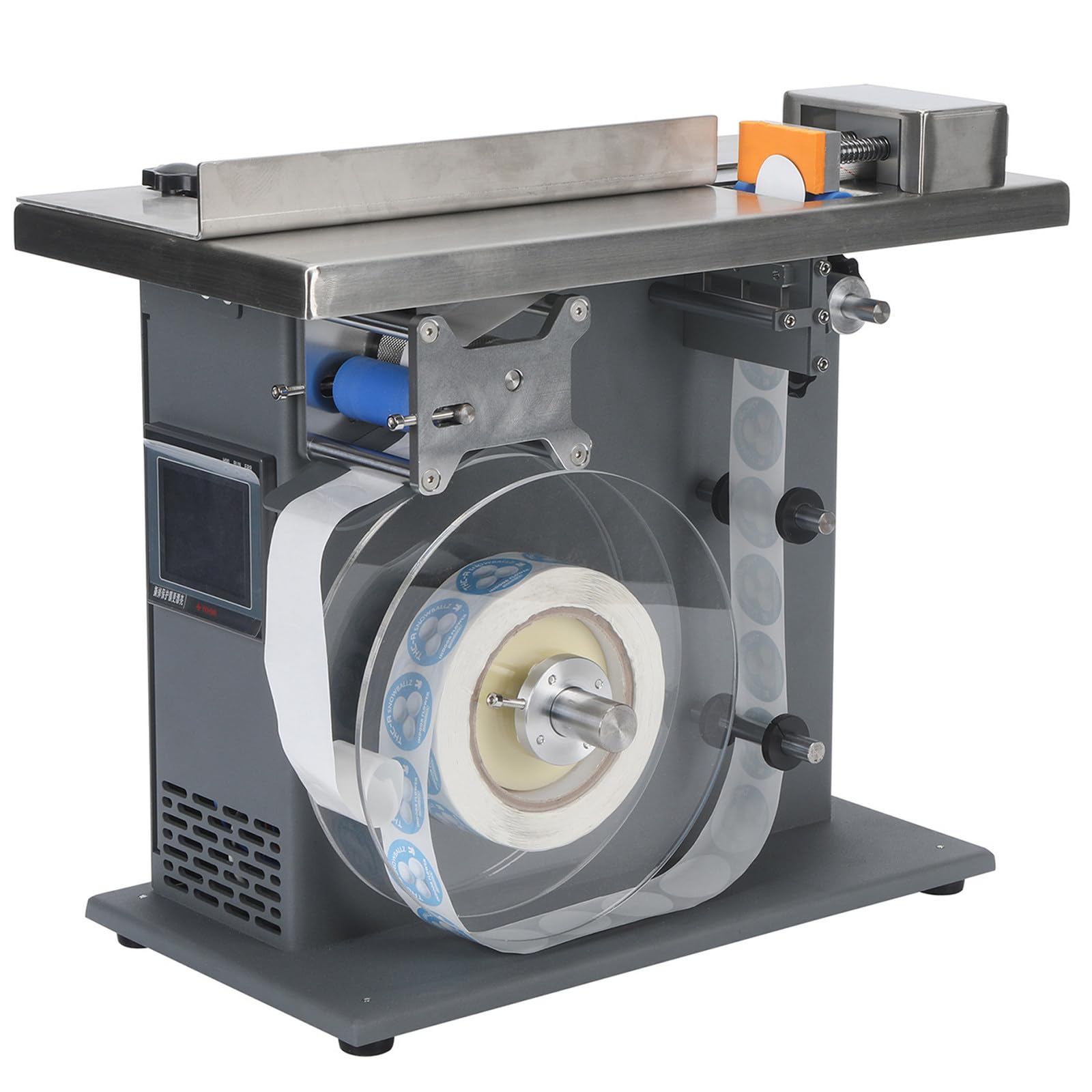 Etichettatrice con centraggio automatico PLC.L'applicatore per angoli a 90° mantiene una precisione di ±0,5 mm.Prestazioni affidabili per imballaggi cosmetici ed elettronici. Thediameteris25-30mm