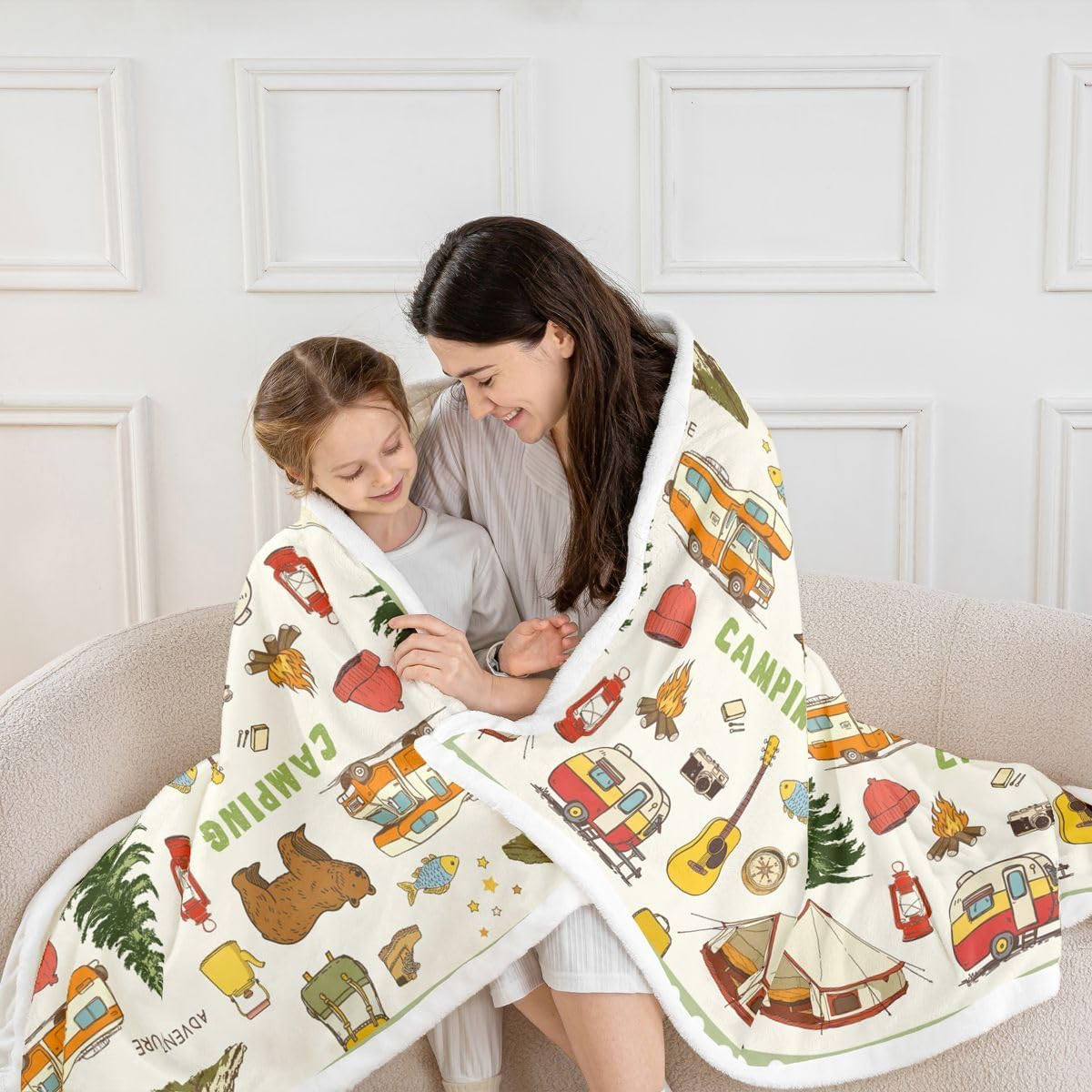 Camper Throw Blanket Camping Tent Blanket Camping Gear Must Haves, Happy Glamping Trailer Fleece Blanket Lodge Cabin Cottage Camfire Bed Blanket 90"x90", Camping Accessories Rustic Camper Decor