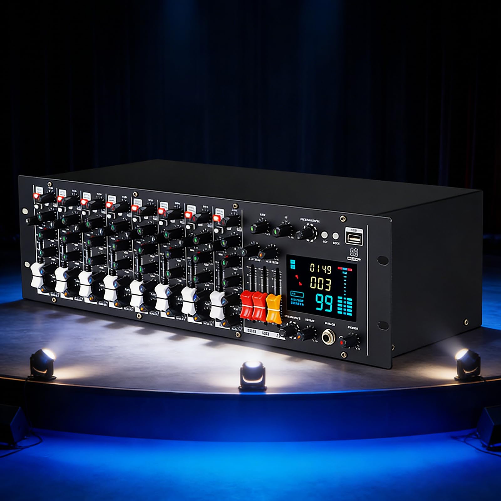 Mezclador de audio profesional de 9 canales con pantalla digital, Bluetooth integrado, alimentación Phantom de 48 V y 99 efectos DSP, entrada MP3 para uso en transmisión