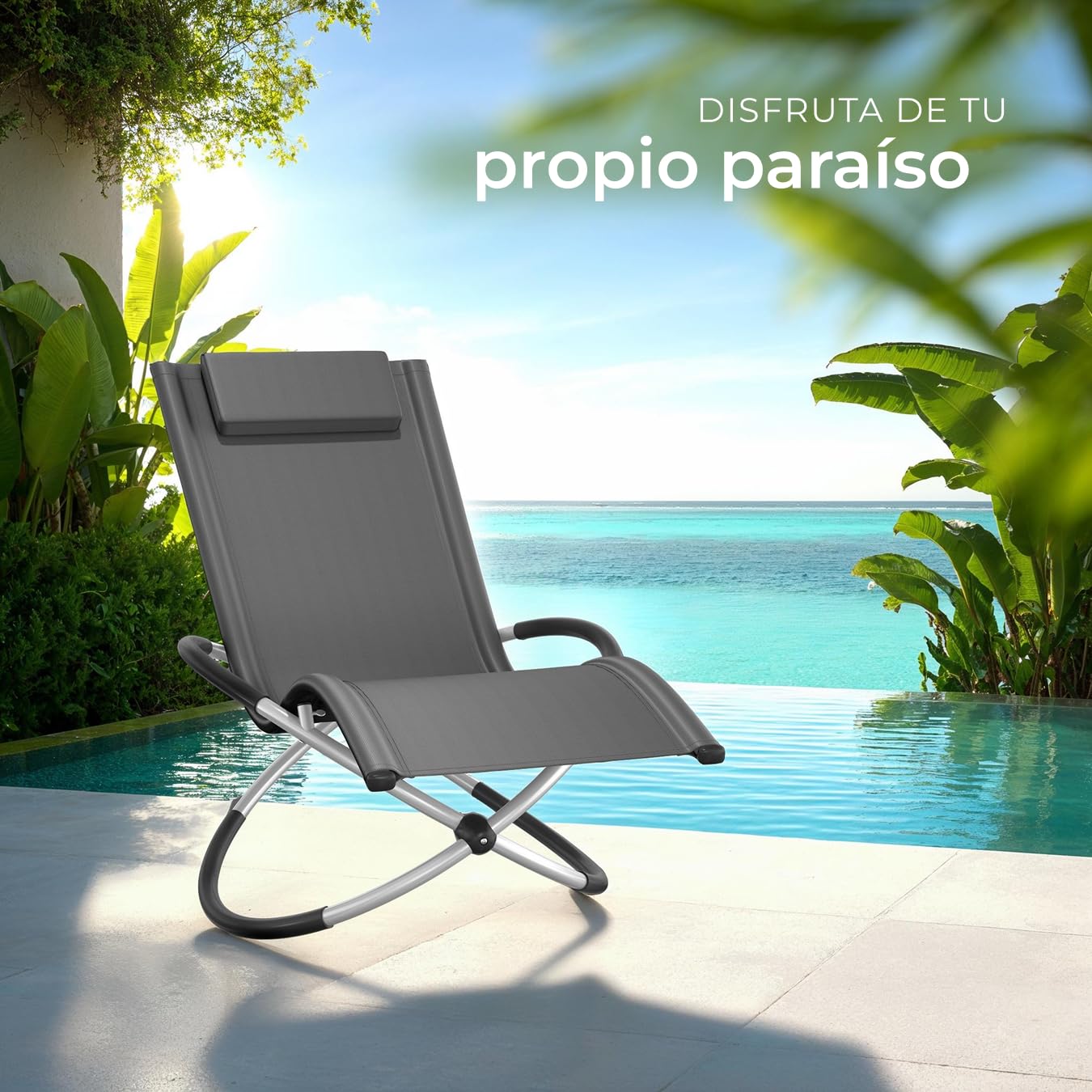 tectake® Tumbona Plegable con Función Balancín, Tumbona Playa Ergonómica, Tumbona Piscina en Acero y Textileno, Tumbona Jardín Exterior, Protección Antivuelco, Carga Máx. 150 kg, Fácil Montaje - Gris