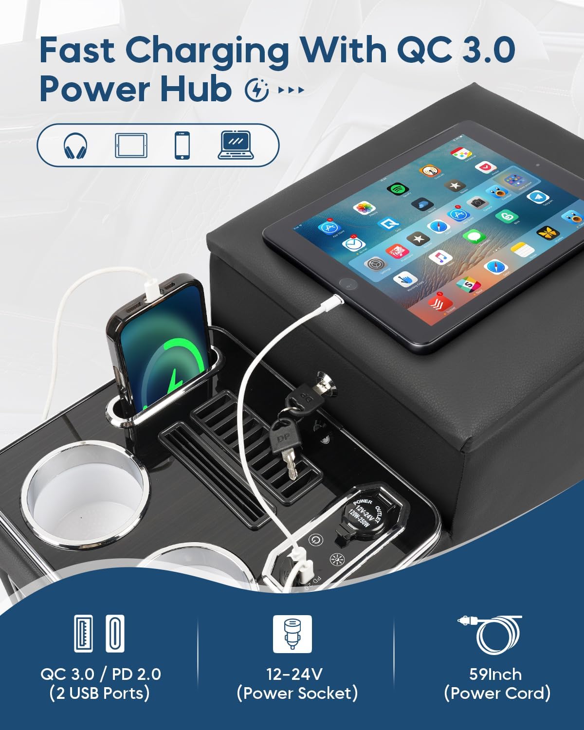 Center Console Between Seat with a Lock, Upgraded Center Console Organizer for Minivans, Truck & Motorhome, with Fast Phone Charging, 7-Color Adjustable LED Lighting and Cup & Phone Holder