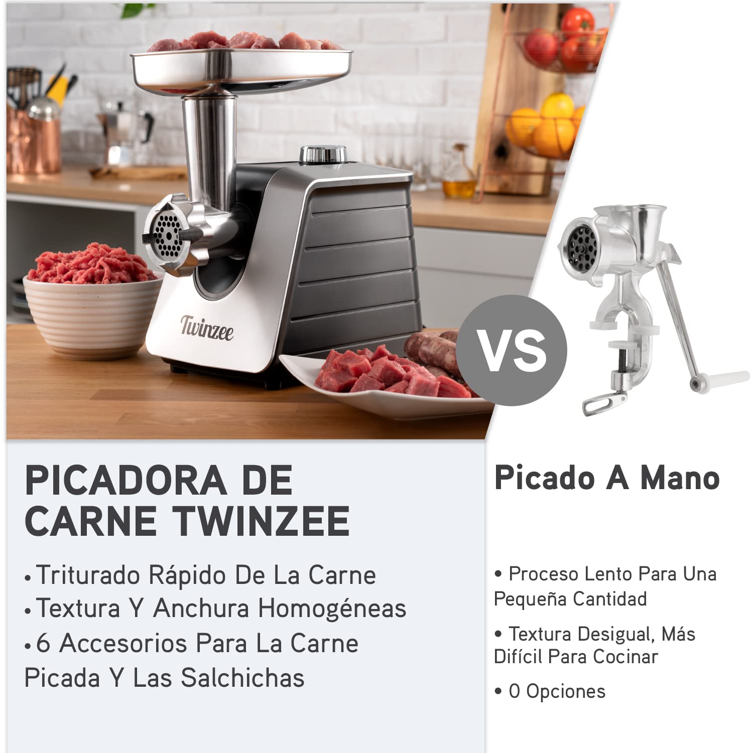 Picadora de Carne Eléctrica 1500W (Negro) - Para Carne y Salchichas - Robot Cocina, Picador de Carne con 3 Placas de Corte y 3 Boquillas para Salchichas - Picadora Profesional