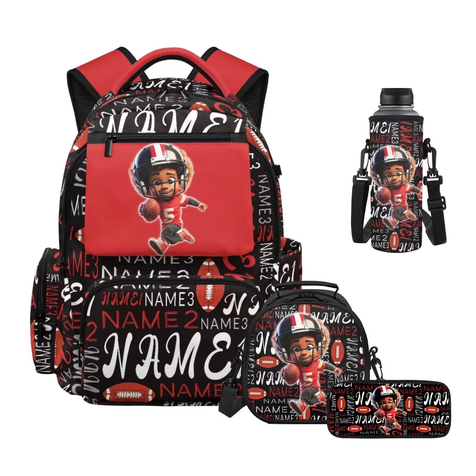 Howilath Zaino per bambini ragazze ragazzi con set portapranzo isolato, set di zaino per la scuola elementare 4 in 1, Nome personalizzato Football Player Boy, L, Classico