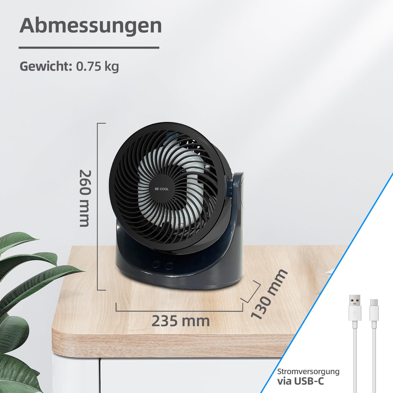 Be Cool USB-Windmaschine 15cm mit Kühlakku – Ø 6" / 15 cm, Kupfermotor, 10 Watt, Kühlakku im Lieferumfang, 7-farbige LED-Beleuchtung, USB Typ-C, schwarz