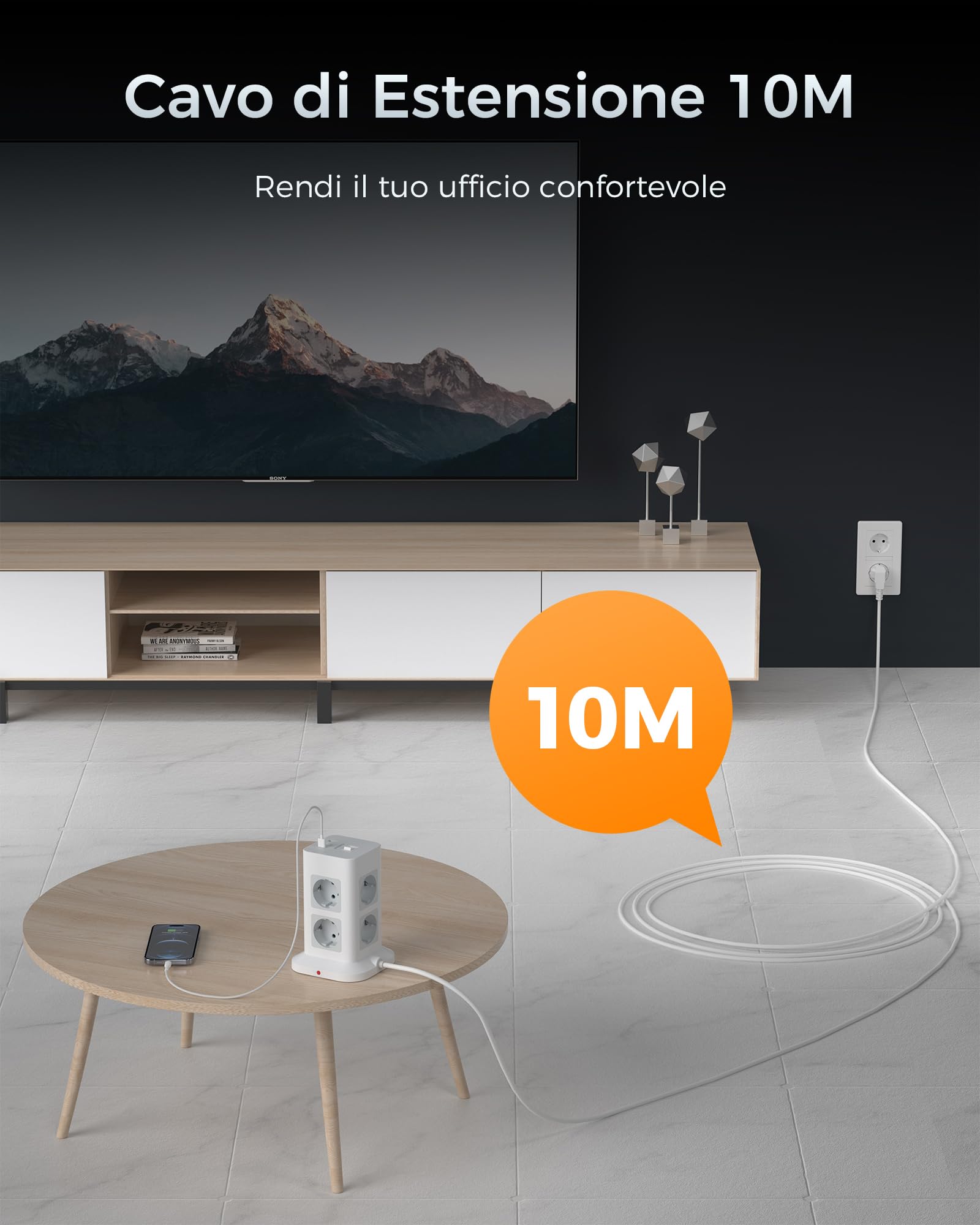 TESSAN Ciabatta Multipresa con USB 15W, Ciabatta Elettrica con 8 Prese, Torretta Multipresa Protezione Sovratensione con Interruttore e Prolunga Elettrica 10 Metri, 3600W Presa Multipla, Girgio