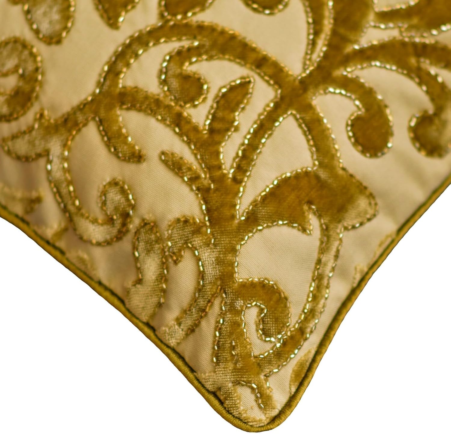 The HomeCentric King/Queen/Twin Beige Gold Decorative Bed Runner Queen 74"x18" Bed Runner with Two Pillow Cover, Cut Velvet, Beaded Bed Scarf on Velvet Fabric - Serene Symphony