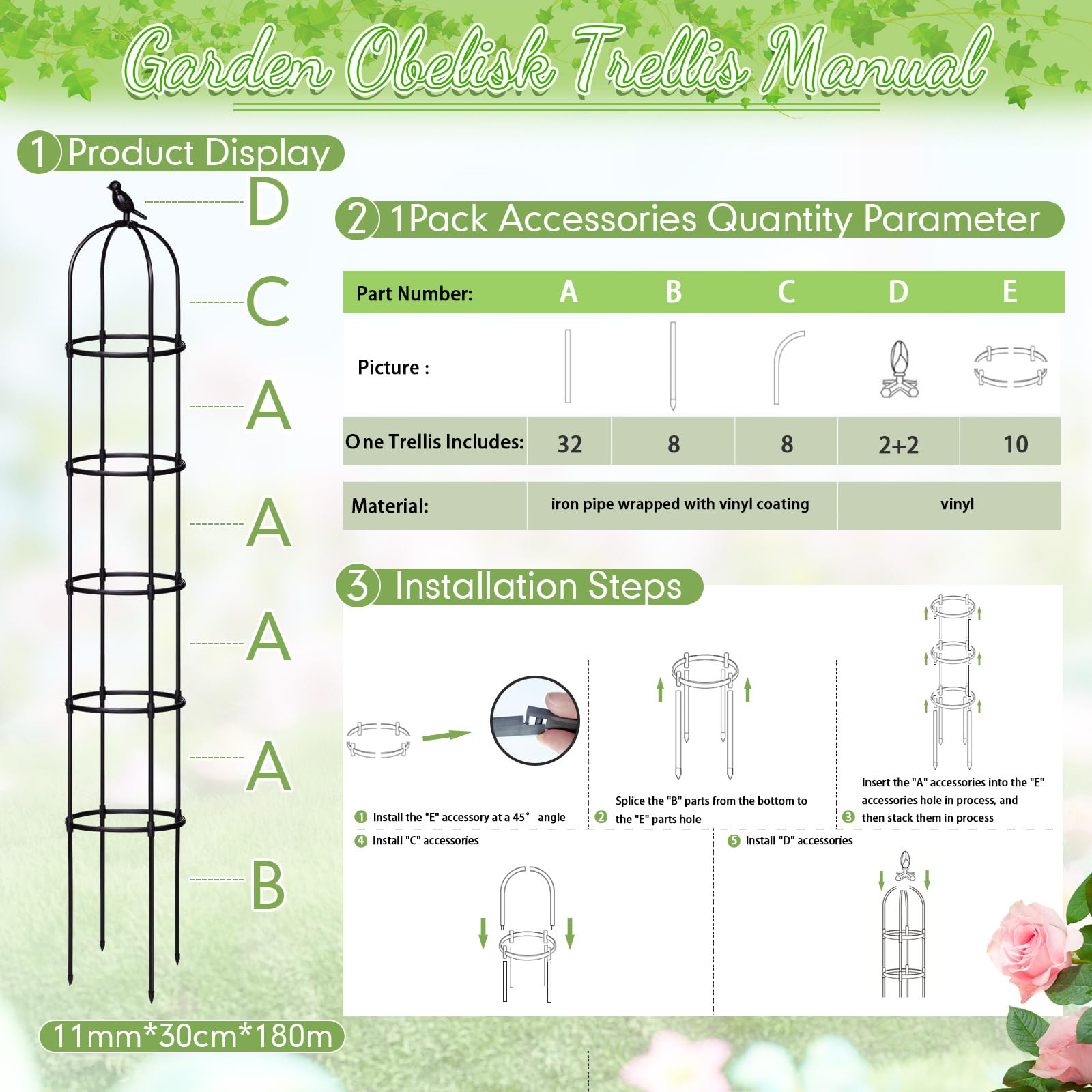 Sadnyy 2 Pack 7 ft Garden Trellis Obelisk for Rose Trellis Climbing Plants Outdoor Rustproof for Pots Tall Tower Plant Trellis Metal Garden Trellis Vines Flower Plants Support Outdoor Indoor (Black)