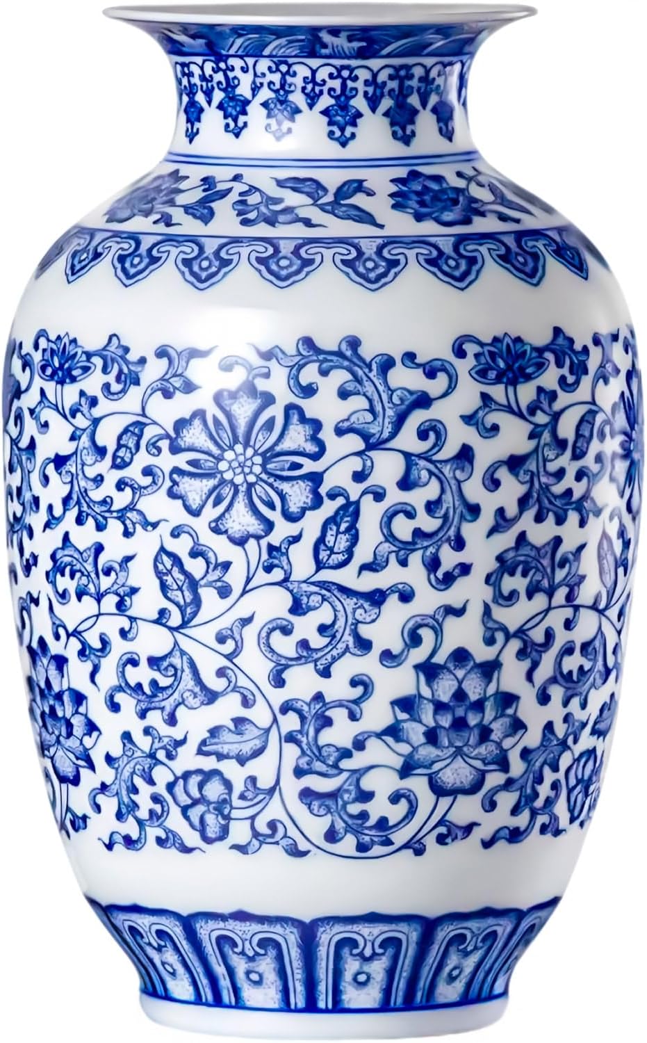 Qinlang 9-Inch Blue & White Ceramic Vase with Lotus Pattern - Porcelain Flower Vase for Centerpieces, Home Decor & Floral Arrangements