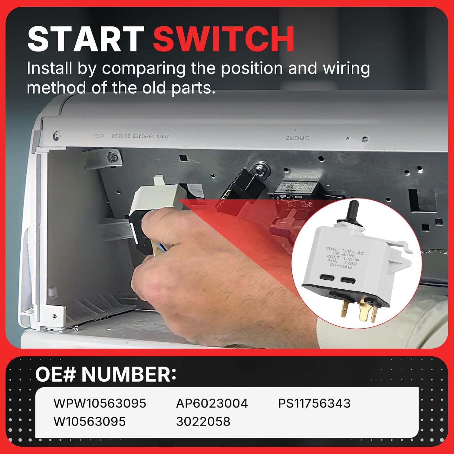 W10563095 Dryer Start Switch Compatible with Maytag Whirlpool Kenmore 1548433 AP4426362 AH2358437 7MMEDX655EW0 Push to Start Switch Replacement Parts WPW10563095 AP6023004 PS11756343 3022058