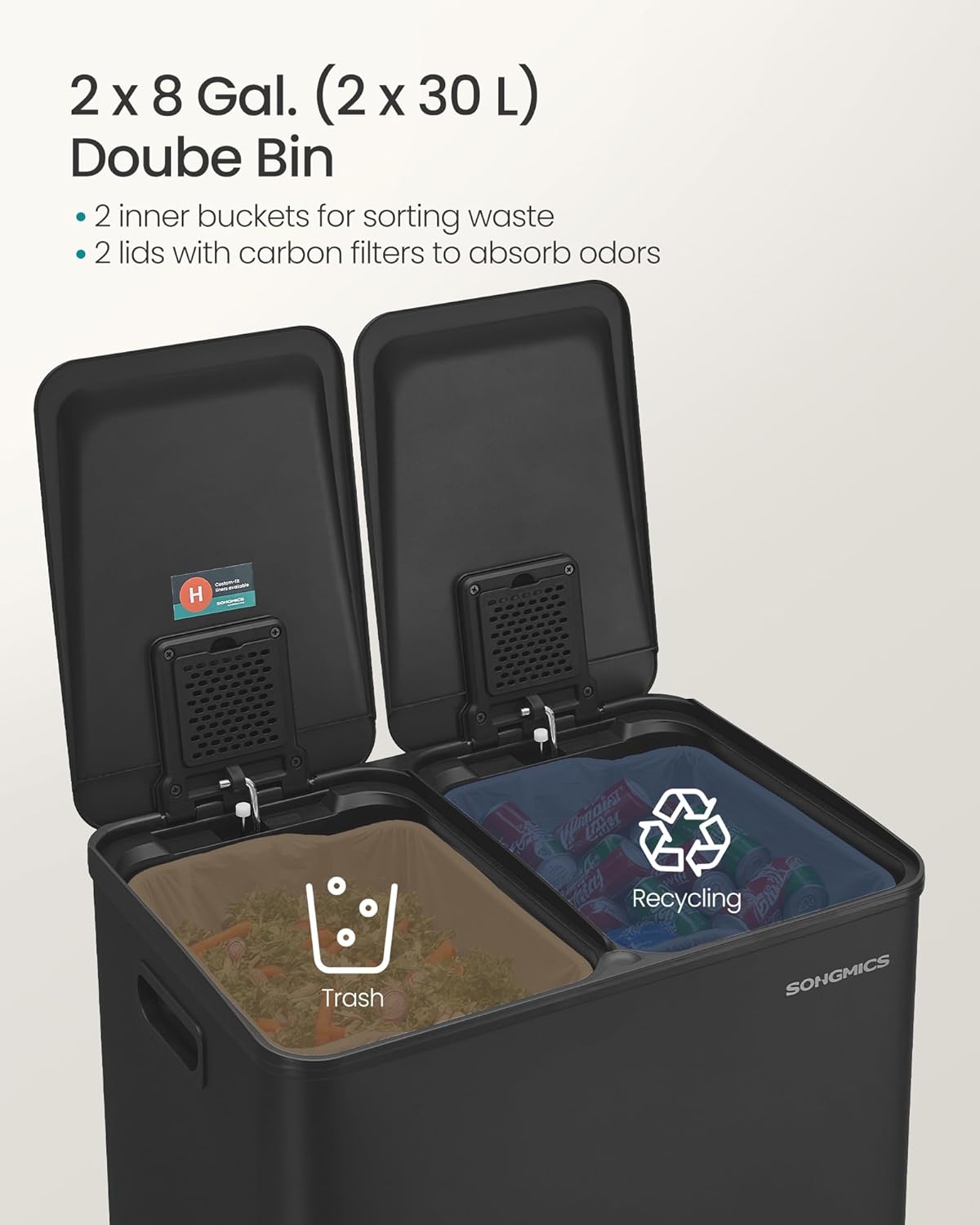 SONGMICS Trash Can, 2 x 8 Gallon (2 x 30 L) Dual-Compartment Garbage Can with Soft-Close Lid, Pedal and Inner Buckets, Stainless Steel, Includes 15 Liner Bags, Ink Black ULTB741B01 - Image 3
