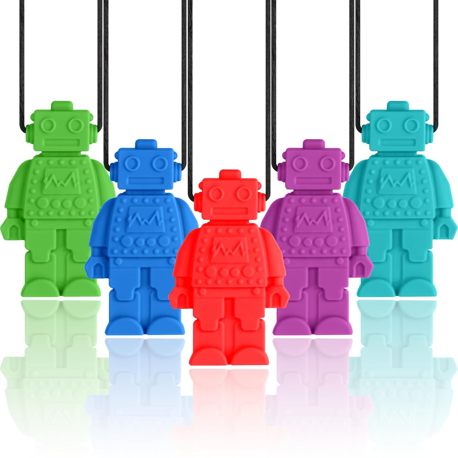 Chewy Necklaces for Sensory Kids, 5 Packs Robot Design Silicone Necklace Oral Motor Aids Teething Necklace for Aggressive Chewers with Autism, ADHD, SPD, or Special Need