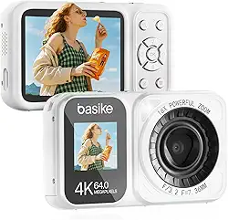 Basike Câmera Fotográfica Digital 4K UHD 64MP, Zoom 18X, Time-Lapse, Temporizador, Vídeo HD, para Adolescentes, Iniciantes e Viagens, Compacta, Leve e Moderna – Branco