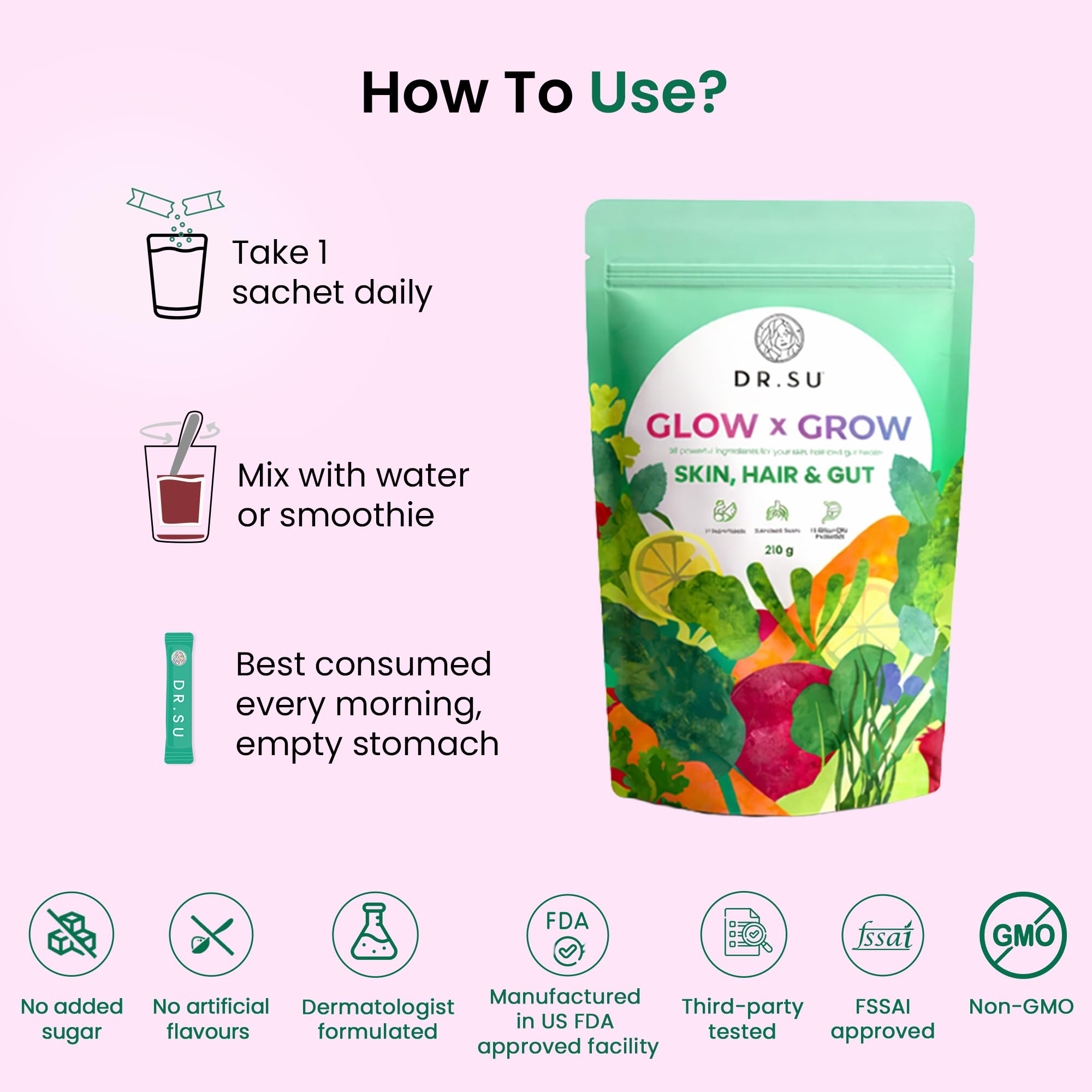 Dr.Su 6-In-1 Biotin Hair Supplement Powder - Strong Hair, Clear Skin & Healthy Gut | With Vitamins, Minerals, Antioxidants, Probiotics, Fiber & Adaptogens | Lemon Mint | Sugar-Free, 30 Sachets, Unisex product image 6