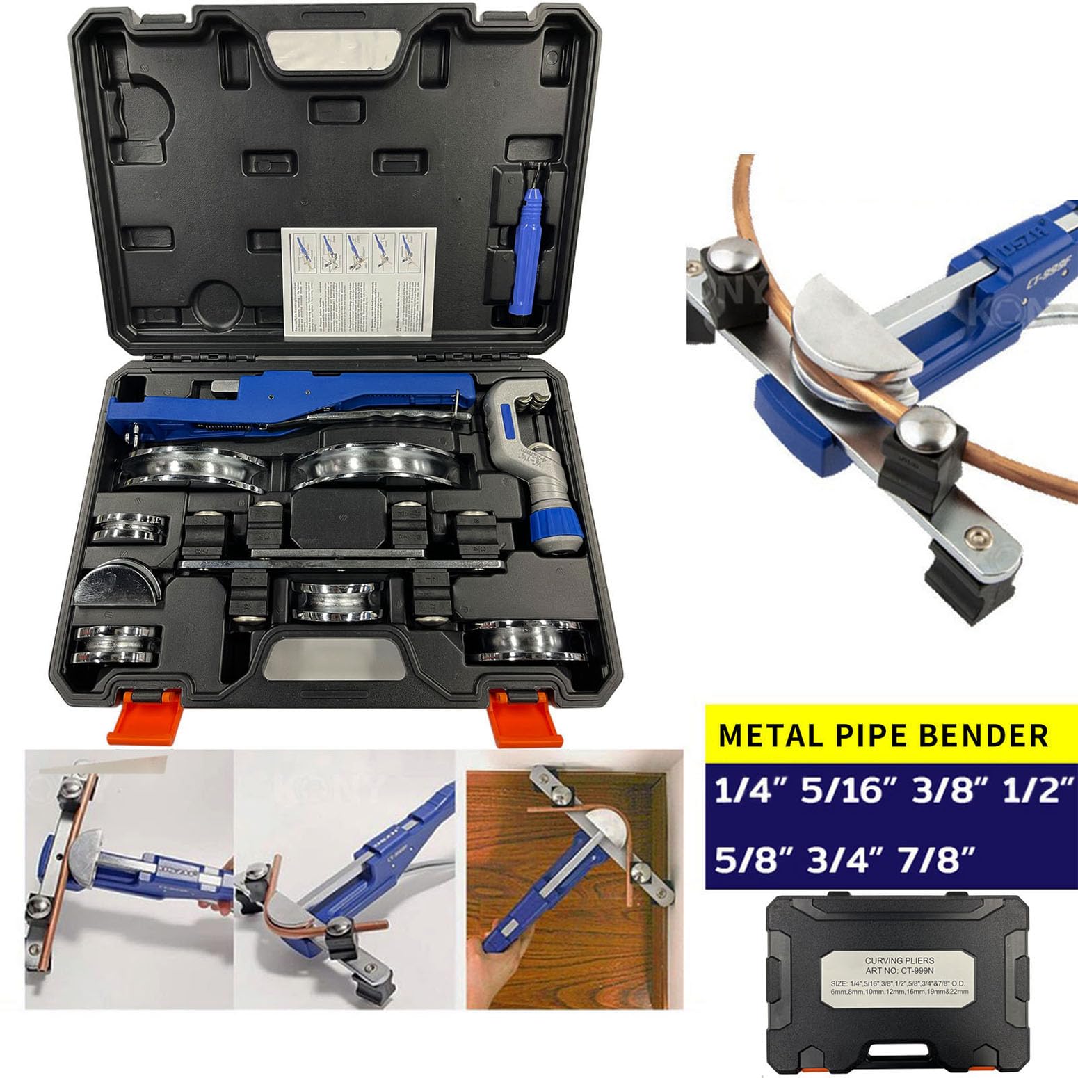 Piegatubi per Tubi,curvatubi manuale,piegatubi manuale,curvatubi rame 6-22mm (1/4'' - 7/8'') con 7 stampi, piegatubi rame e alluminio 0-90°