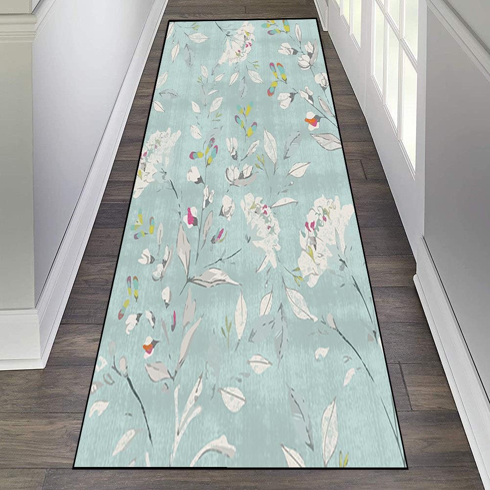Teppich Läufer Flur Küchen 50x350CM Waschbar rutschfest Waschbar Meterware Schlafzimmer Korridor Teppichläufer Lang, Länge Anpassbare, 40-120cm Breit,Shallow Lotus Blue Flowers