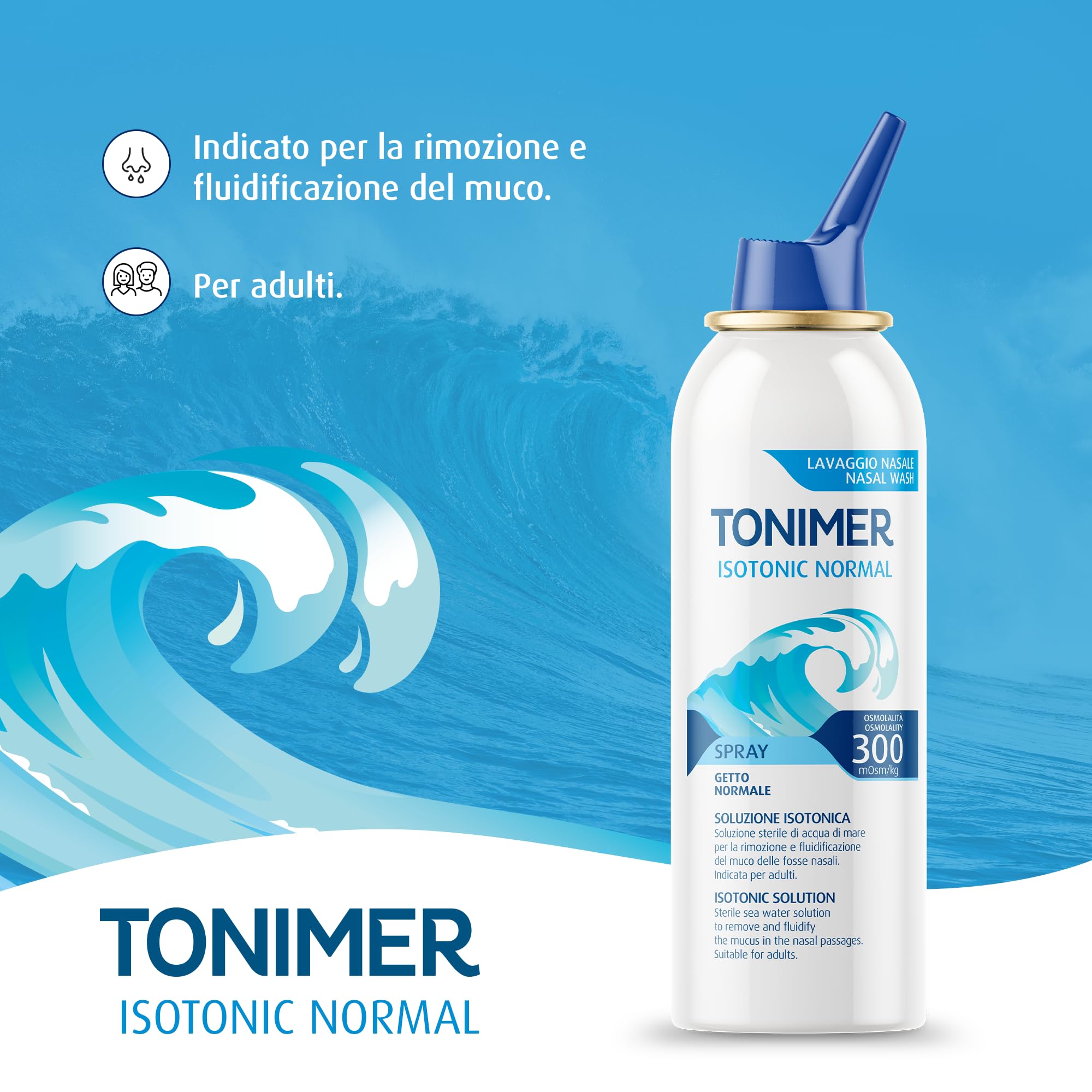 Tonimer Isotonic 300 Normal - 100 ml - Soluzione Isotonica Sterile di Acqua di Mare - Rimuove e Fluidifica il Muco - Indicata per Adulti - Senza Conservanti