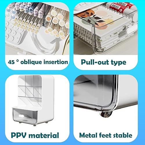 Miniatura 5 de Organizador de bolígrafos para escritorio, organizador de escritorio con cajón, soporte multifuncional para lápices con 6 compartimentos y 1 cajón,