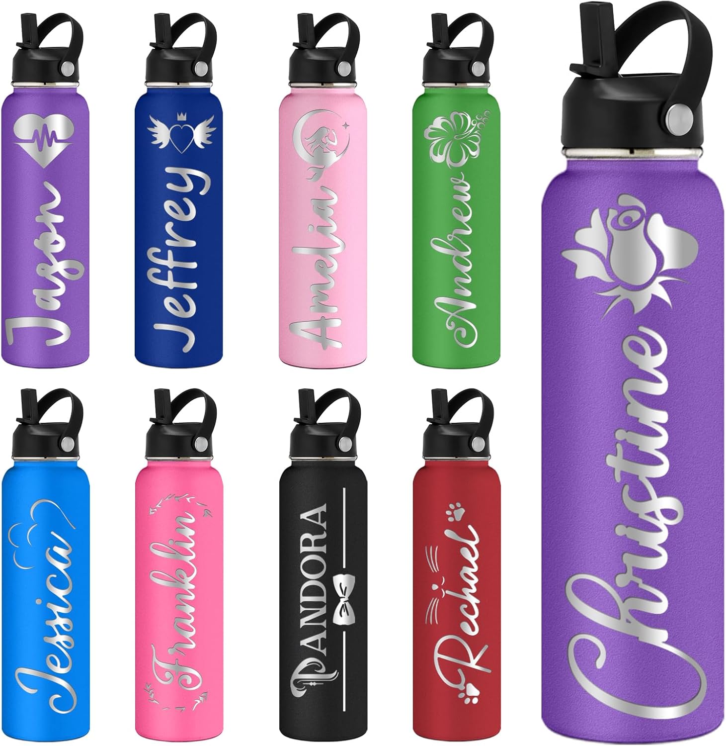 Personalized Insulated Water Bottle with Straw Lid Custom Engraved Sports Water Bottle with Name Customized Stainless Steel Water Bottle for Women Men-Purple