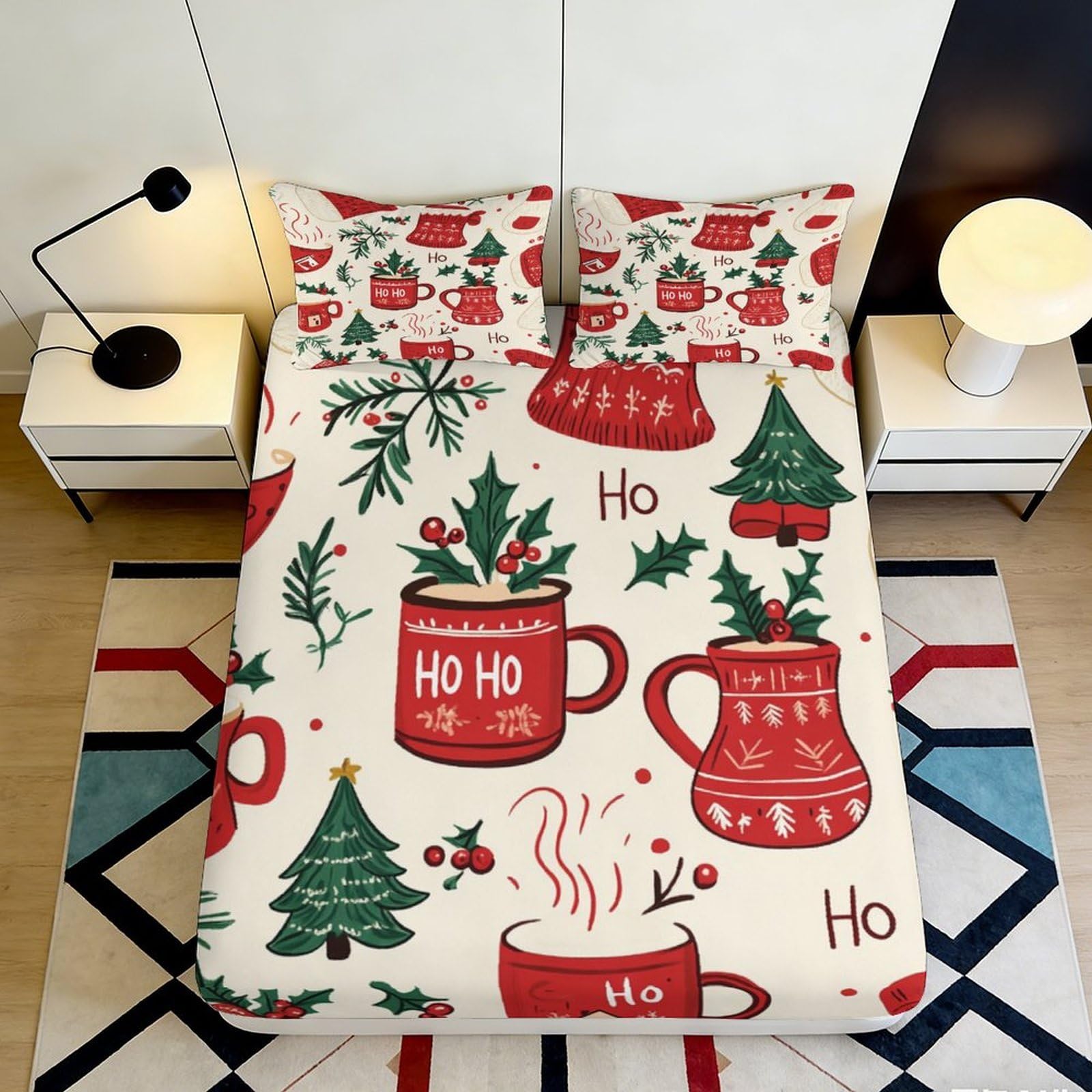 3D Printed Christmas Mug Fitted Sheet Microfiber Festive Tree Mattress Cover Anti-Slip Machine Washable Decor Bedding 160x200x25cm