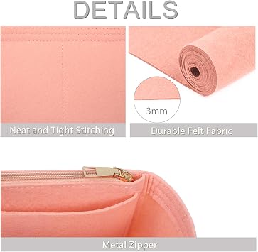 Surblue Purse Organizer Insert for Handbags, Felt Bag Organizer with Zippers Handbag Shaper Pouch for Classic 19 Flap Bag, Marmont, Onthego,(Lightpink, Slender L)