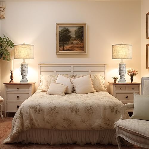 Miniatura 6 de Juego de 2 lámparas de mesa de granja, 27.5 pulgadas de alto rústicas con puertos USB, lámpara de mesita de noche vintage, lámpara de resina blanca