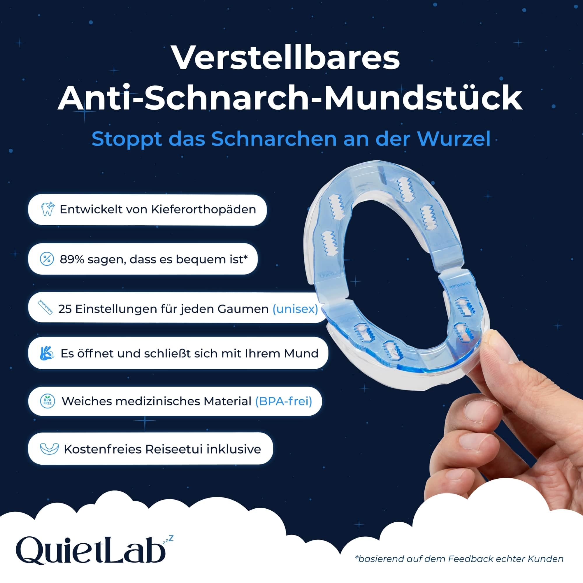 QuietLab Plus 3x Anti Schnarch Mundstück mit Reinigungsbürste, 25 Anpassbare Positionen, Airflow Schnarchstopper Schiene, Anti Schnarchschiene für Männer & Frauen, Anti Snoring Mouthpiece