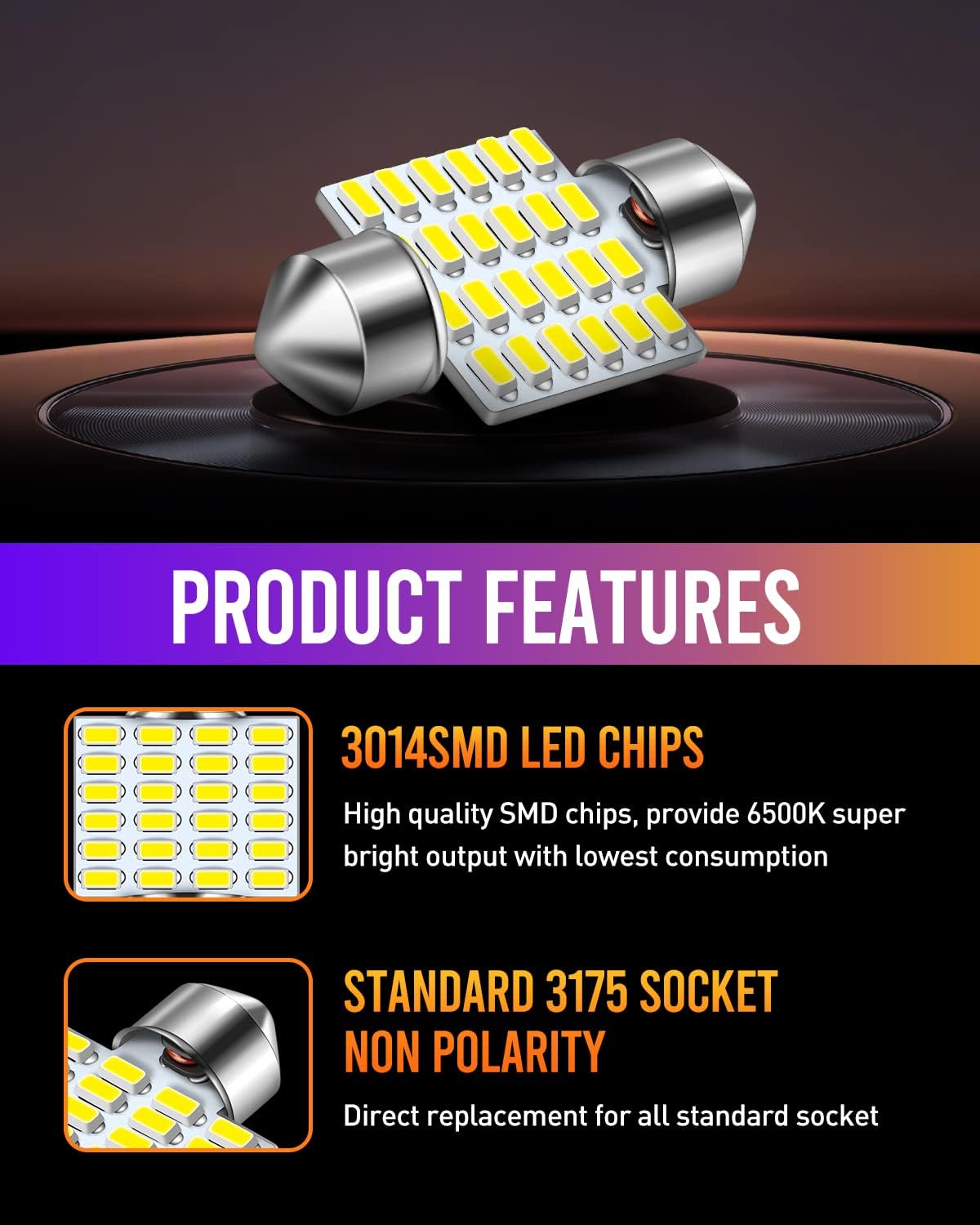LUYED DE3175 LED Bulbs Xenon White Canbus Error Free 1.25 inches DE3021 DE3022 3175 LED Bulbs for Interior Map Dome Lights and License Plate Lights,Pack of 2