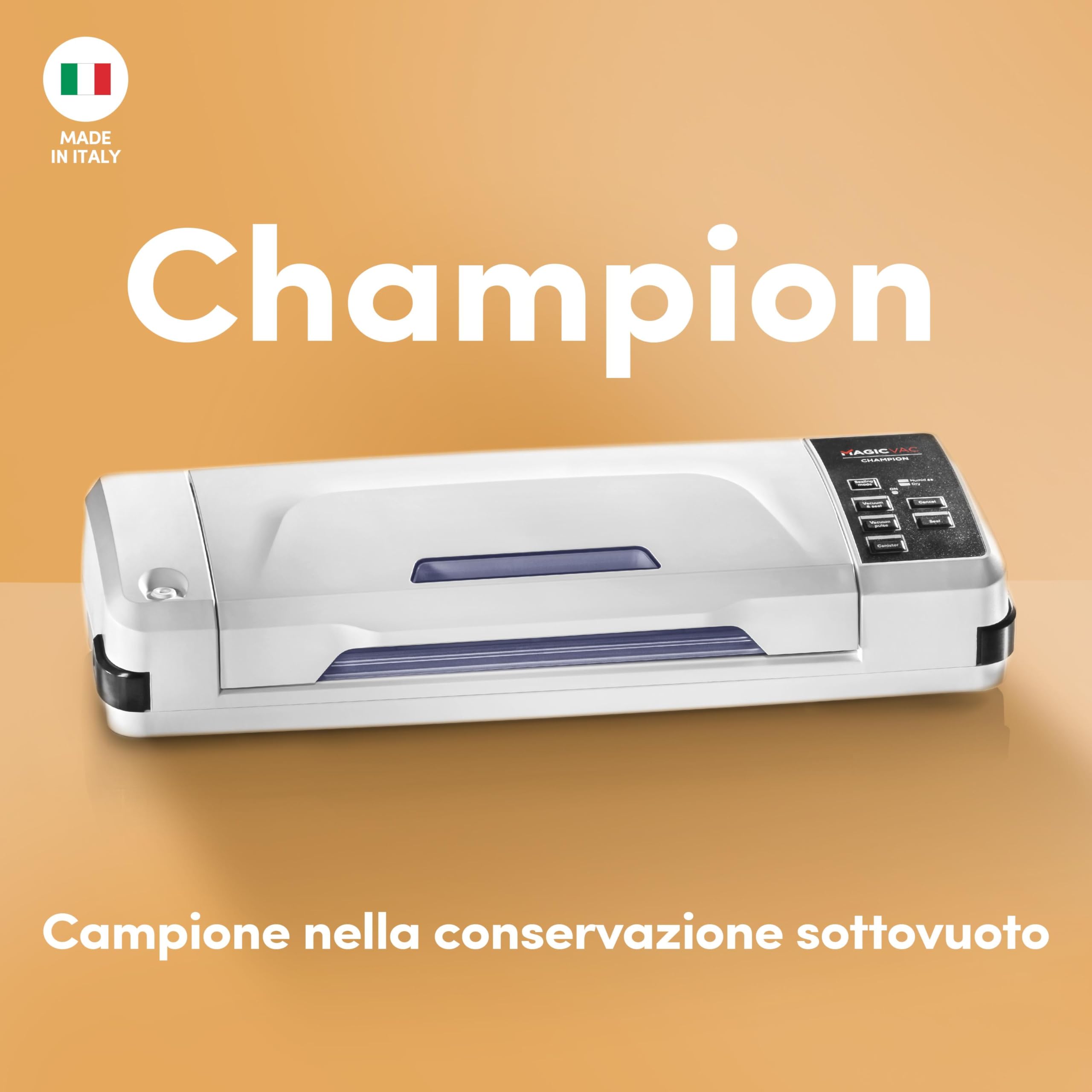 Magic Vac, Champion, Macchina Sottovuoto Alimenti Multifunzione Professionale, per Sacchetti Sottovuoto e Cottura, con Potente Motore e Kit Sottovuoto Alimenti, Brevettata, Made in Italy, Bianca