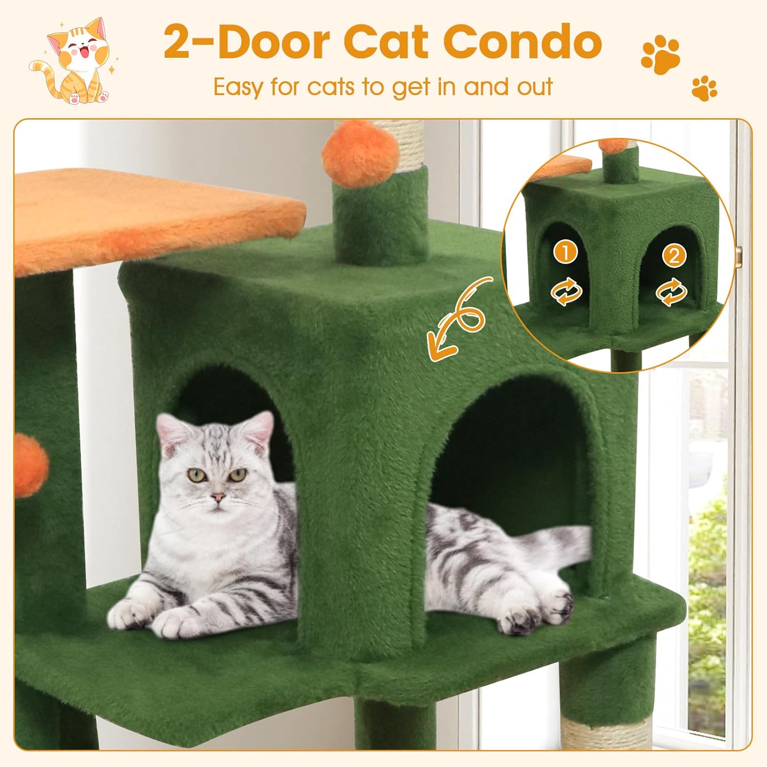 PETSITE Multi-Level Cat Tree, 44 Inches Tall with Sisal Scratching Posts, Double-Entry Condo, Hammock, Dangling Balls, and Cozy Top Perch, Ideal for Indoor Cats to Play and Rest (Green)