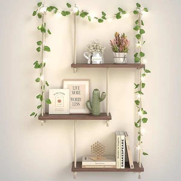 Hanging Shelves for Wall with Vine Lights, 3 Tier Rope Wall Hanging Plant Shelf, Boho Wall Decor Aesthetic for Succulents, Bedroom, Living Room, Bathroom (Rustic Brown) Green Leaf