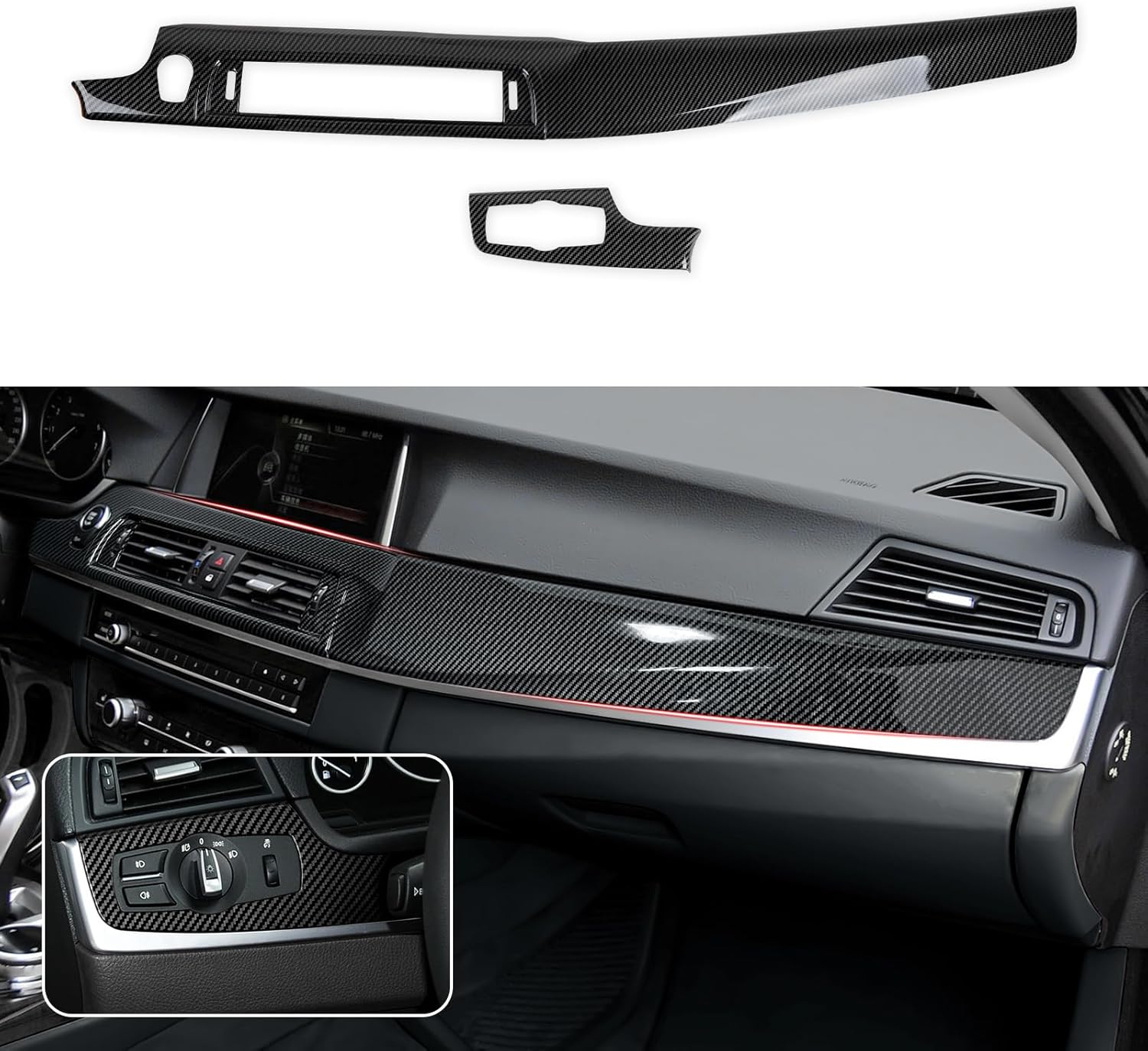 2PCS Car Dashboard Cover Panel Sticker Carbon Color ABS Decal Trim fits for BMW F10 F11 2011 2012 2013 2014 2015 2016 5 Series Accessories
