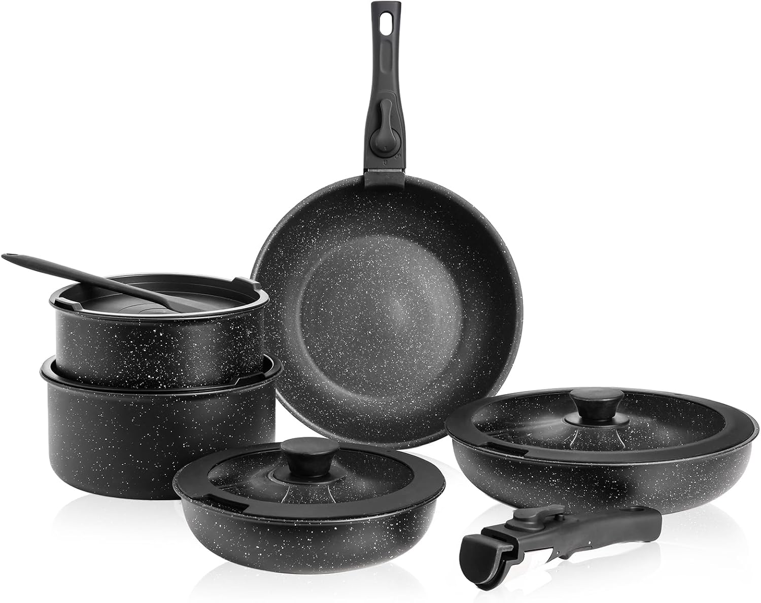 12pcs Pots and Pans Set, Nonstick Cookware Sets with Detachable Handle, RV Kitchen Cooking Set Removable Handles, Oven Safe, Dishwasher safe, Stackable, Black