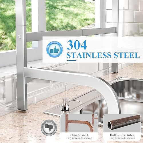 Miniatura 4 de Escurridor de platos ajustable sobre el fregadero, acero inoxidable (25.5 a 33.5 pulgadas), 2 niveles para encimera de cocina con soporte para