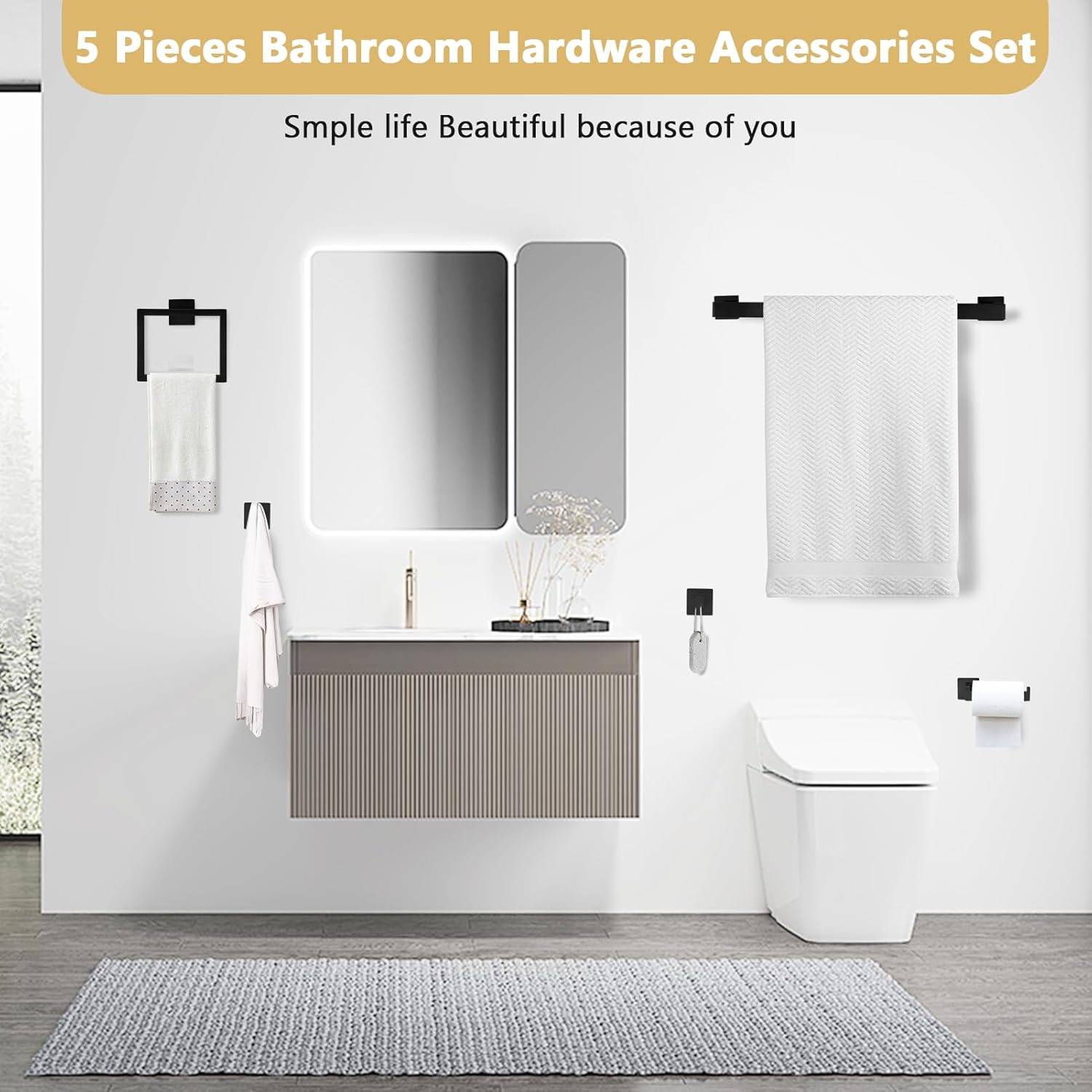 Bathroom Accessories, 5 Pieces Bathroom Hardware Set 23.6 Inch Bath Towel Bar, Paper Towel Holder, Toilet Paper Holder and 2pcs Towel Hooks, Stainless Steel Wall Mounted(Black)