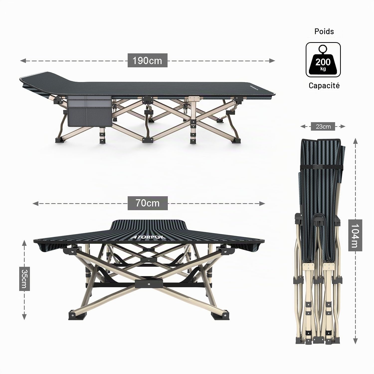 ATORPOK SHOP Lit de camp pliable jusqu'à 200 kg pour l'extérieur, le jardin et l'intérieur