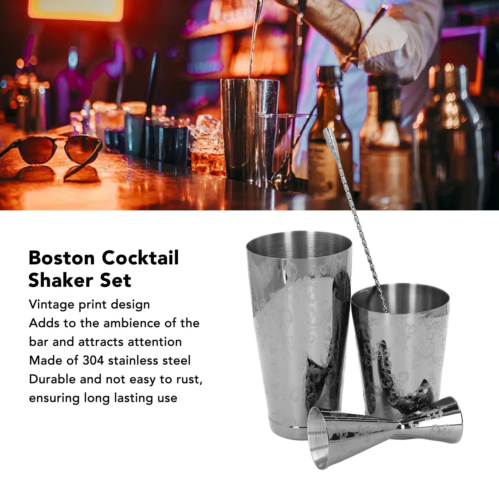 Juego de coctelera Boston de 4 piezas, kit profesional para barman, colador de cócteles con estampado vintage de acero inoxidable herramienta de barra coctelera para bebidas mixtas (B)