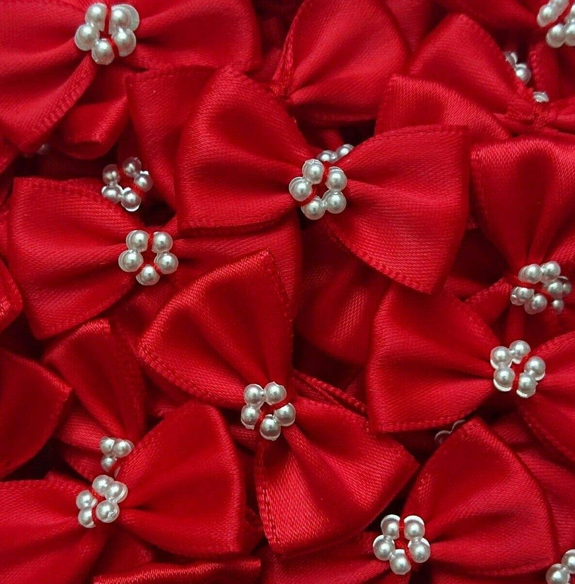 Trucraft 3.5cm Satin Ribbon Pearl Craft Bows Red Pack of 10