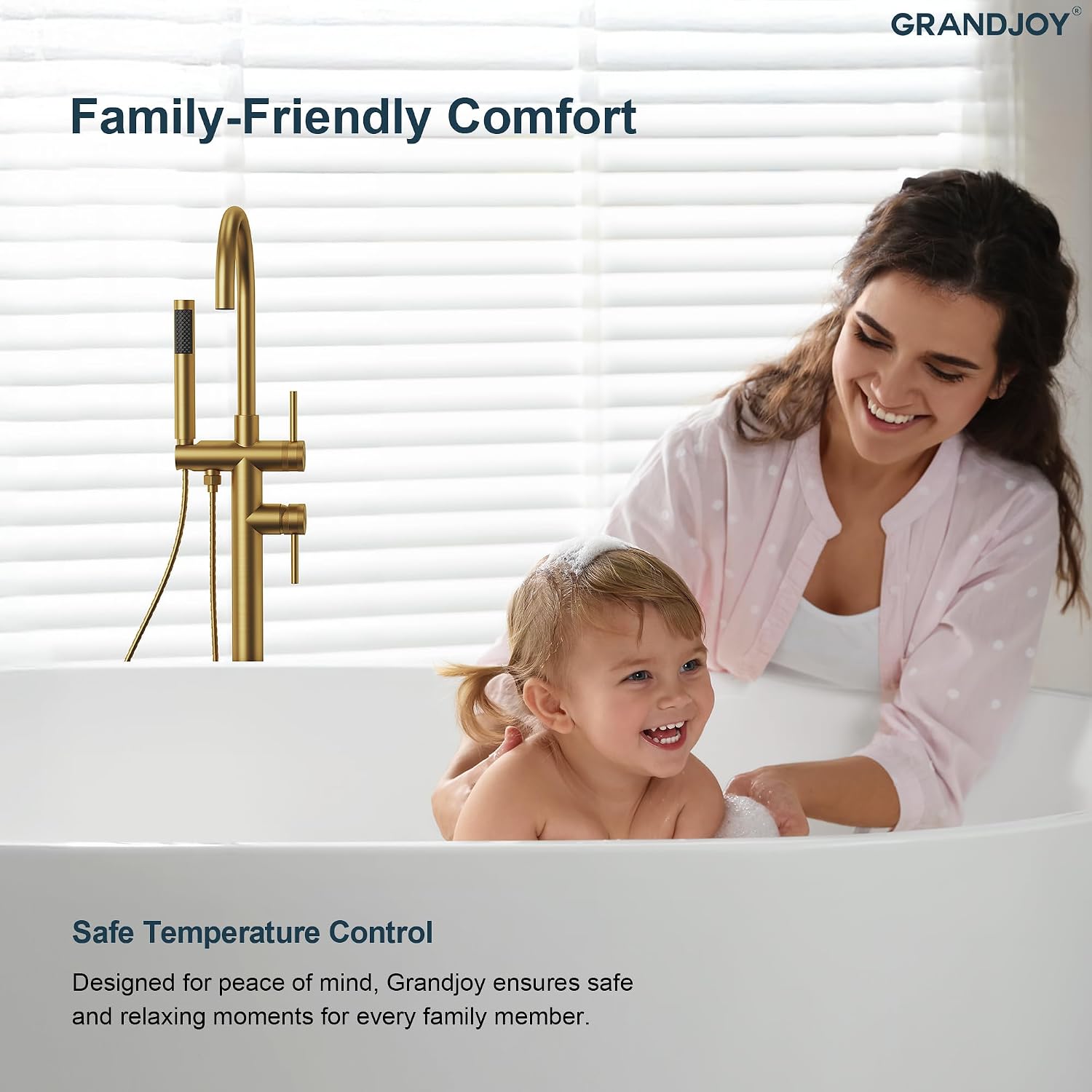 Brushed Gold Freestanding Bathtub Faucet with Hand Shower, Single Handle Knurled Design, Round Spout, Solid Brass & 304 Stainless Steel High Flow Tub Filler, Floor Mount