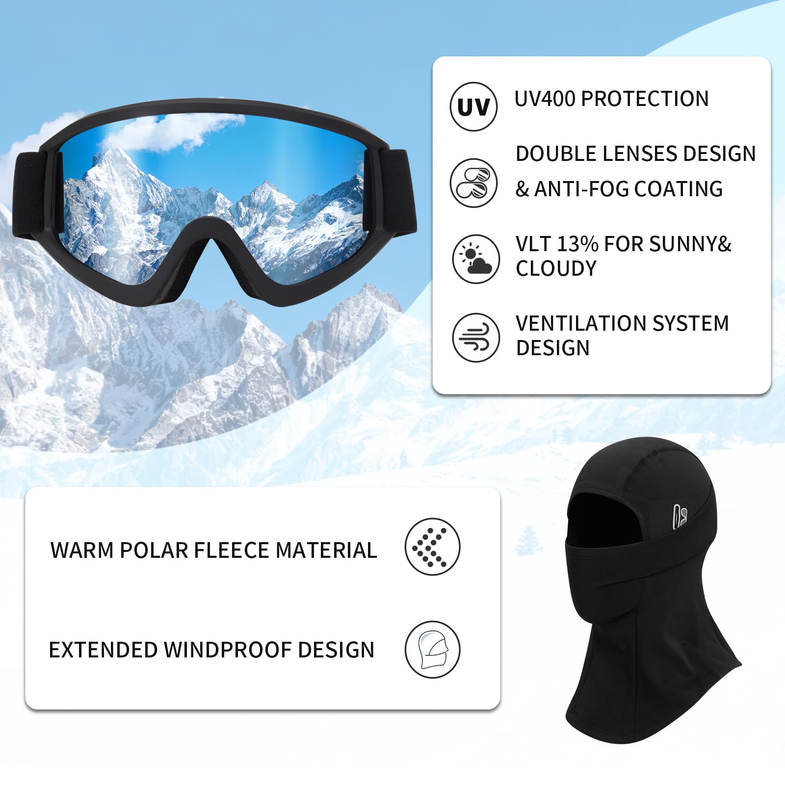 VCOROS Skihelm mit Skibrille Skimaske,DXH811 Skihelme für Unisex mit Abnehmbare Ohrpolster Atmungsaktiver Belüftungssystem UV Verstellbarer Snowboard Helm für Skifahren