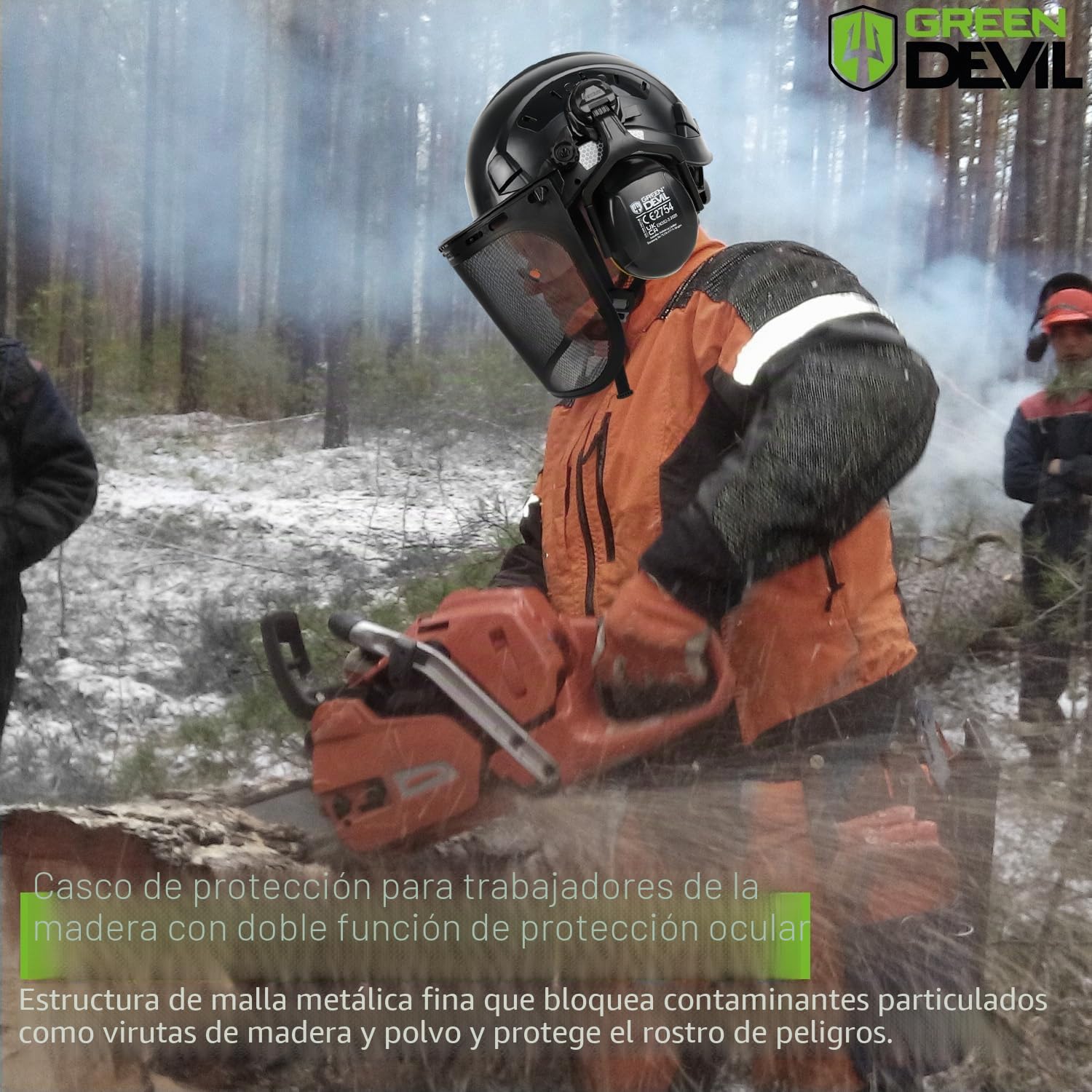 GREEN DEVIL Casco de seguridad para motosierra forestal EN397, certificado EN397, sistema 5 en 1 con protección facial de malla, visera integrada y orejeras, ventilado, para trampas de madera y