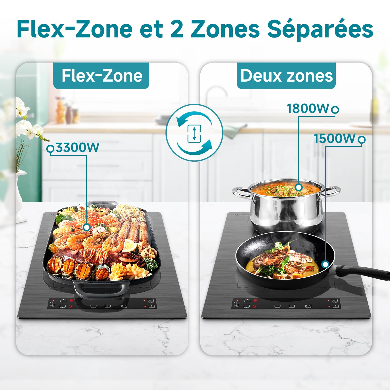 AMZCHEF Plaque à induction 2 feux 3300W avec zones flexibles, verrouillage sécurité et minuterie
