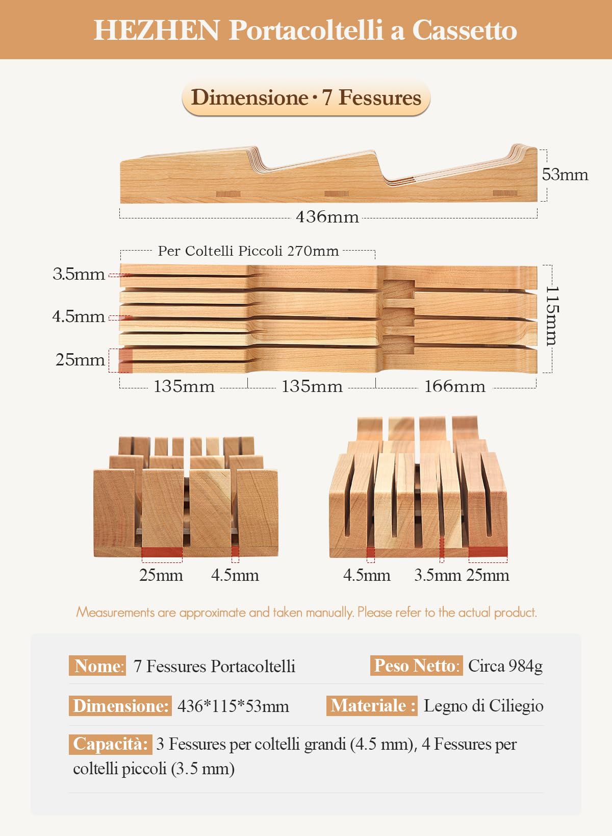 HEZHEN Cassetto Portacoltelli in Legno di Ciliegio, in-Cassetto Blocco di Coltelli da Cucina in Legno Cassetto Organizzatore, Spazio per la Custodia di 7 Coltelli