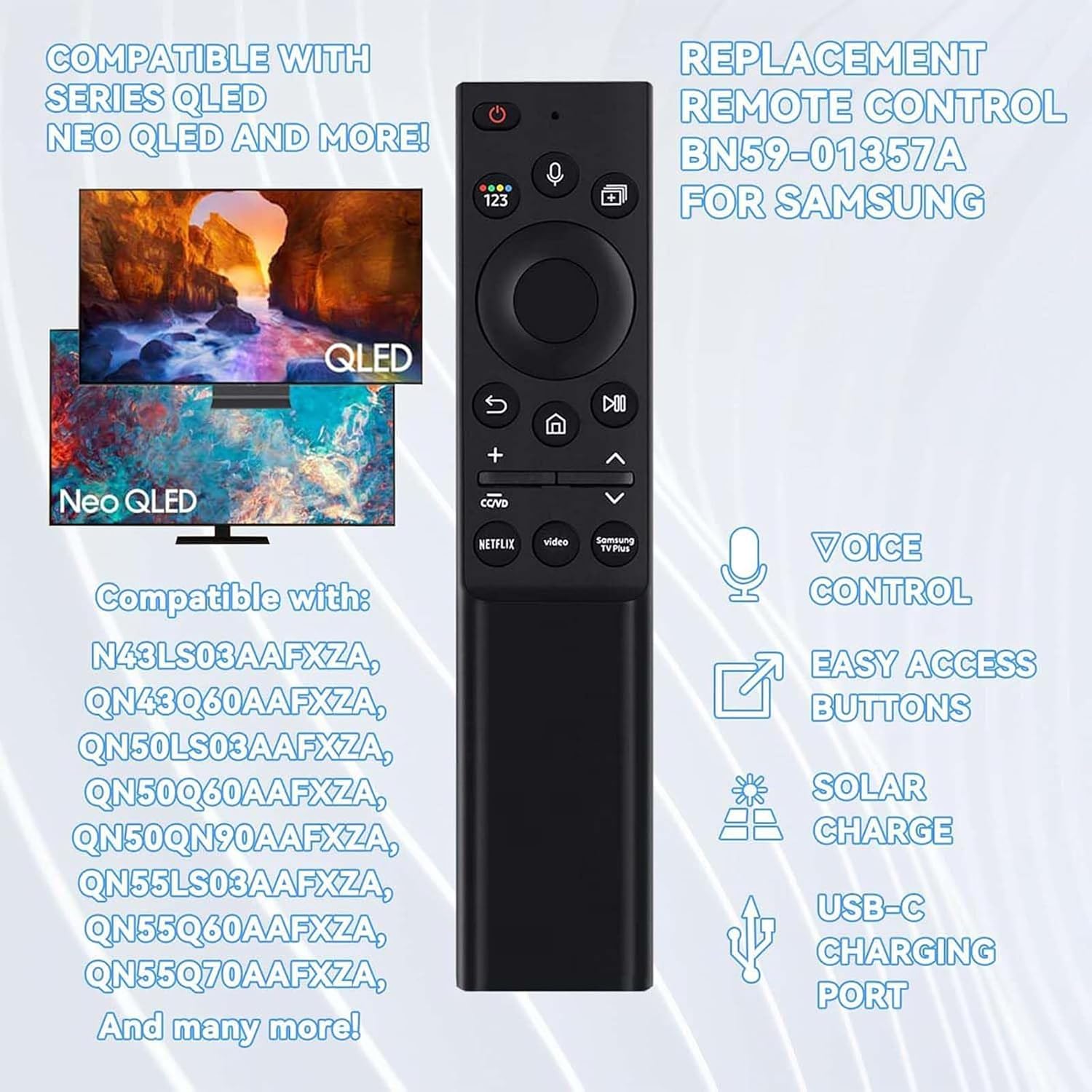Original Voice Remote Control - BN59-01357A Solar Charging for Samsung 2021 and 2022 and2023 Smart TVs. Also Bn59-01358F Full Function Replacement