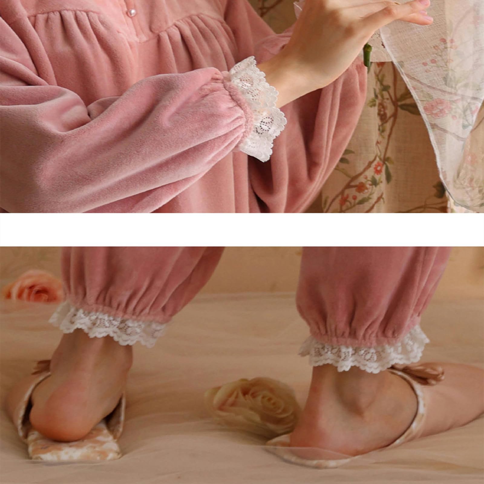 Schlafanzug Damen Lang Baumwolle Prinzessin Samt Damen Pyjama Mädchen Langarm Herbst Und Winter Plus Samt Verdickt Süß Warm Hause Zwei-stück Anzug-schwarz-m