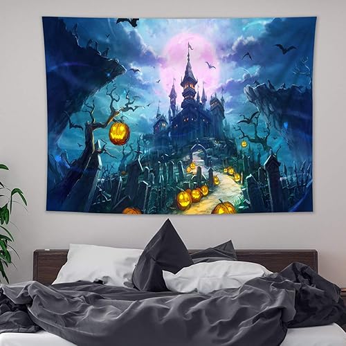 Miniatura 2 de LB Tapiz de Halloween de castillo espeluznante, tapiz para colgar en la pared, cementerio embrujado, calabaza, farol, luna, noche, monstruo,