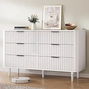 DWVO 6 Drawer Dresser with Fluted Panel, 47.2" Wide Modern Closet Dressers Chest of Drawers, Wood Storage Dresser Organizer for Bedroom, Dorms, Flats, Living Rooms, Hallways, White