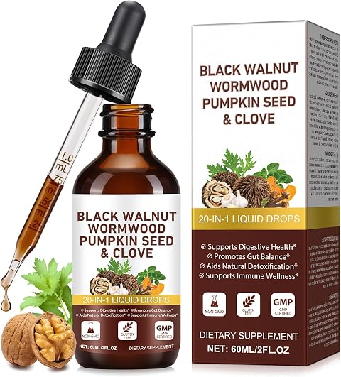 Wormwood, Black Walnut & Clove Herbal Drops, Natural Energy Boost, 60ml Liquid Supplement for Gut Detox Cleanse and Digestive Well-Being, Alcohol-Free Formula