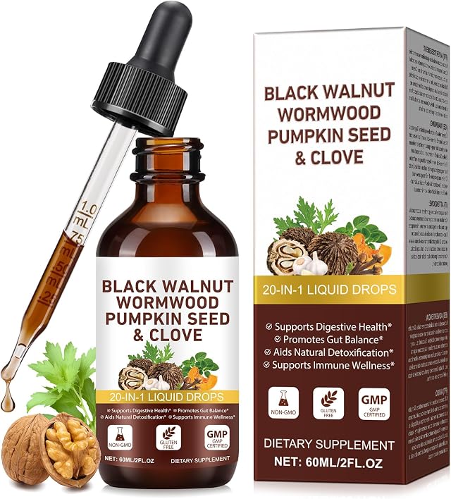 Wormwood, Black Walnut & Clove Herbal Drops, Natural Energy Boost, 60ml Liquid Supplement for Gut Detox Cleanse and Digestive Well-Being, Alcohol-Free Formula